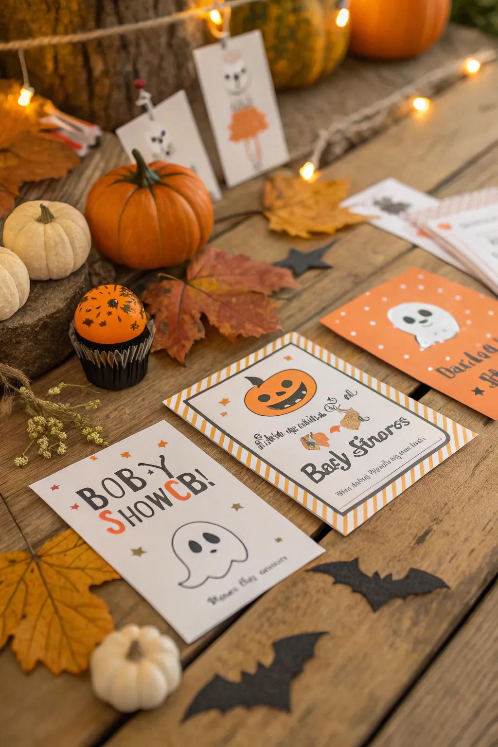 Halloween-inspired invitations prime your friends for a merry baby celebration.