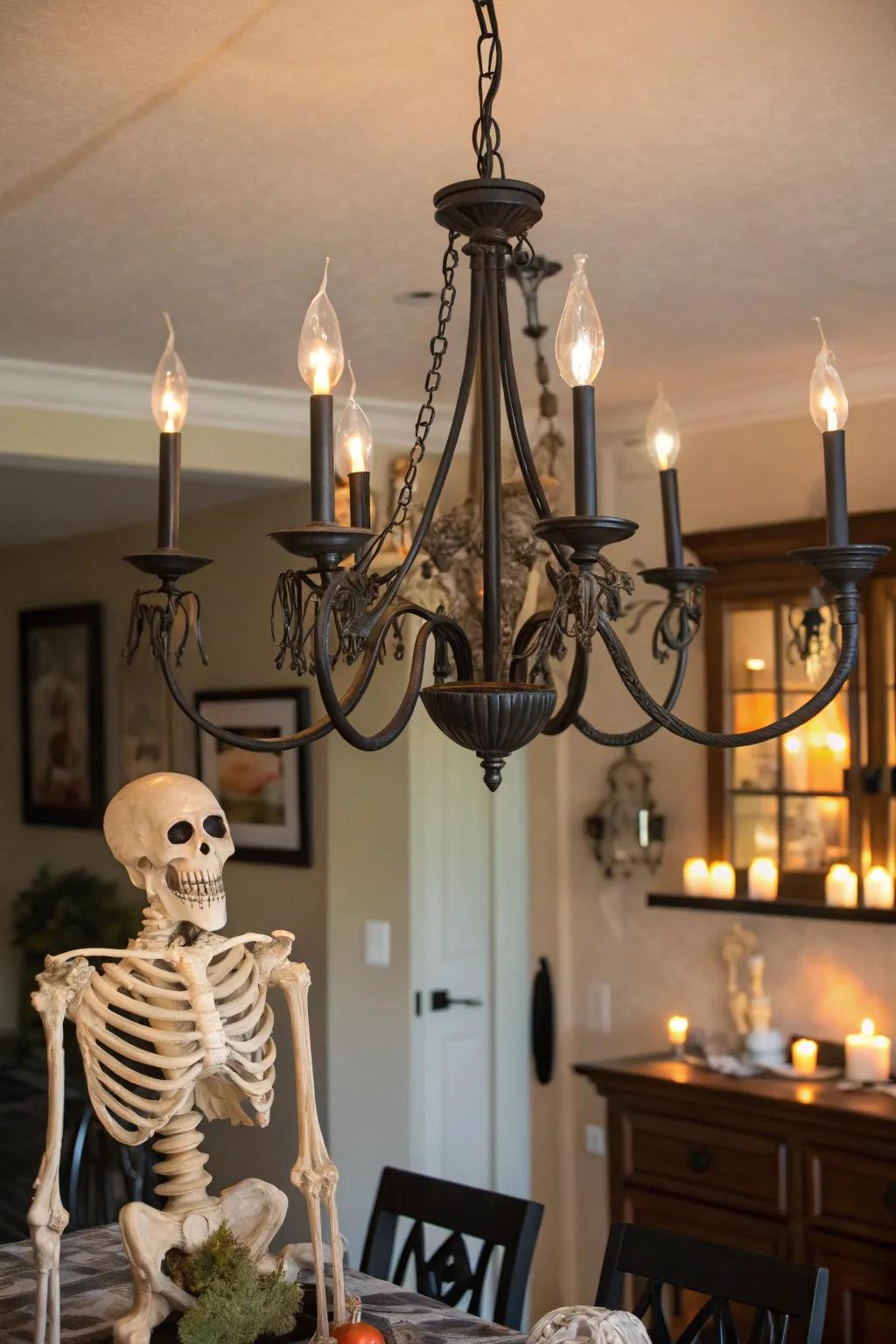 A skeleton can completely reinvent a chandelier, turning it into a chilling statement.