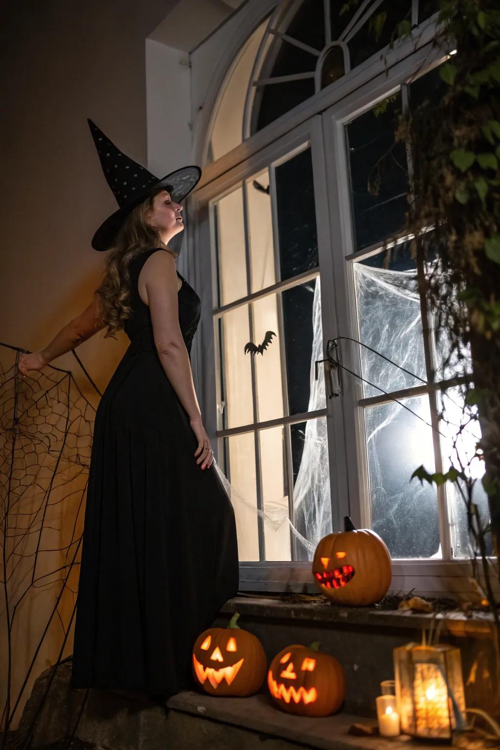 A timeless witch appearance crafted with a black dress and hat.