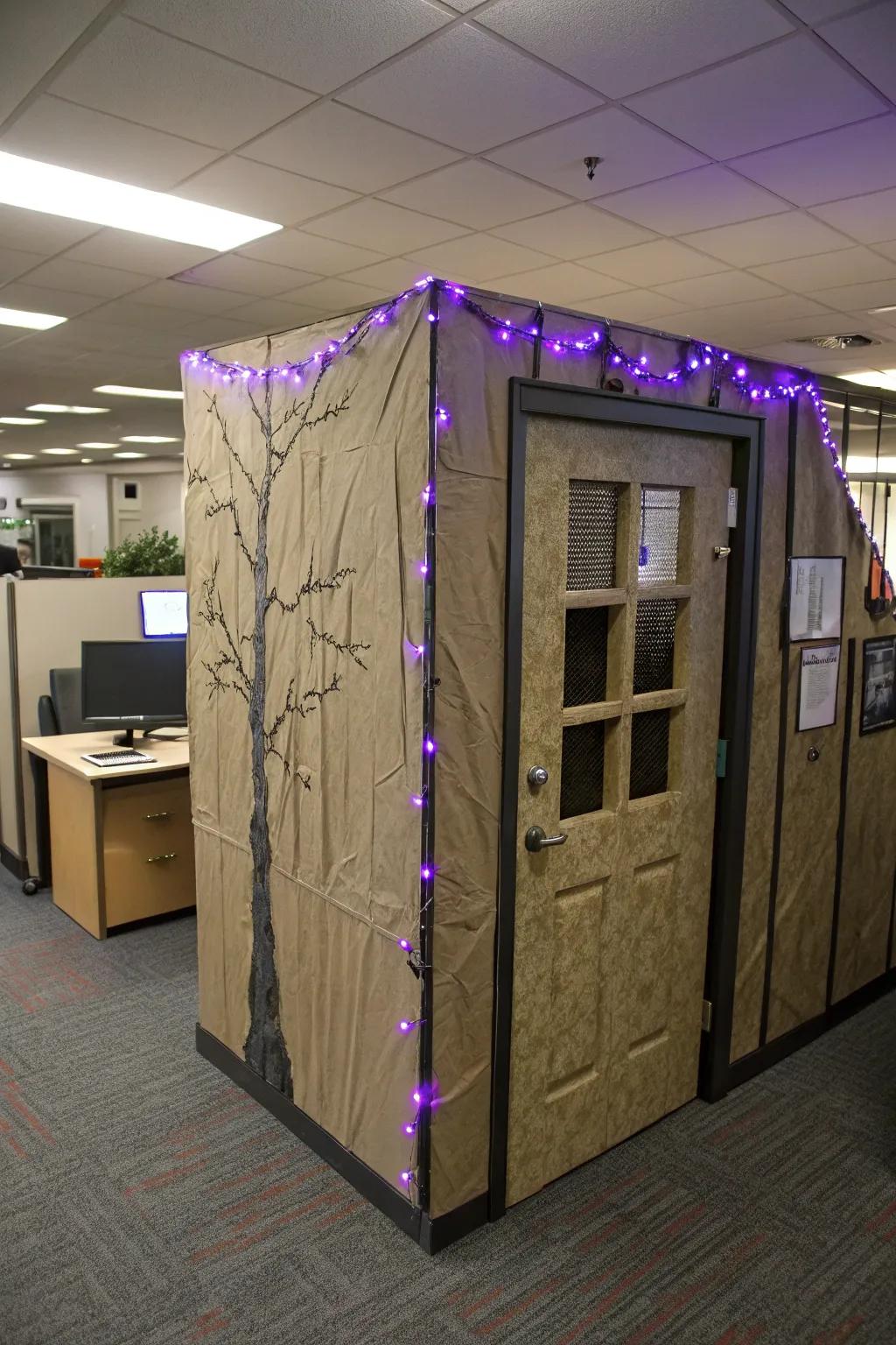 Conjure a haunted house ambiance in your cubicle utilizing basic supplies.