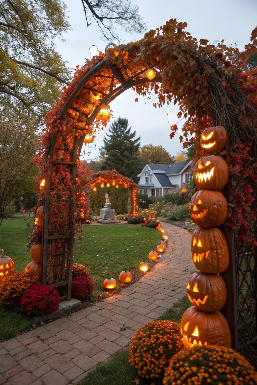 A luminous pumpkin archway greets guests with a bewitching glow.