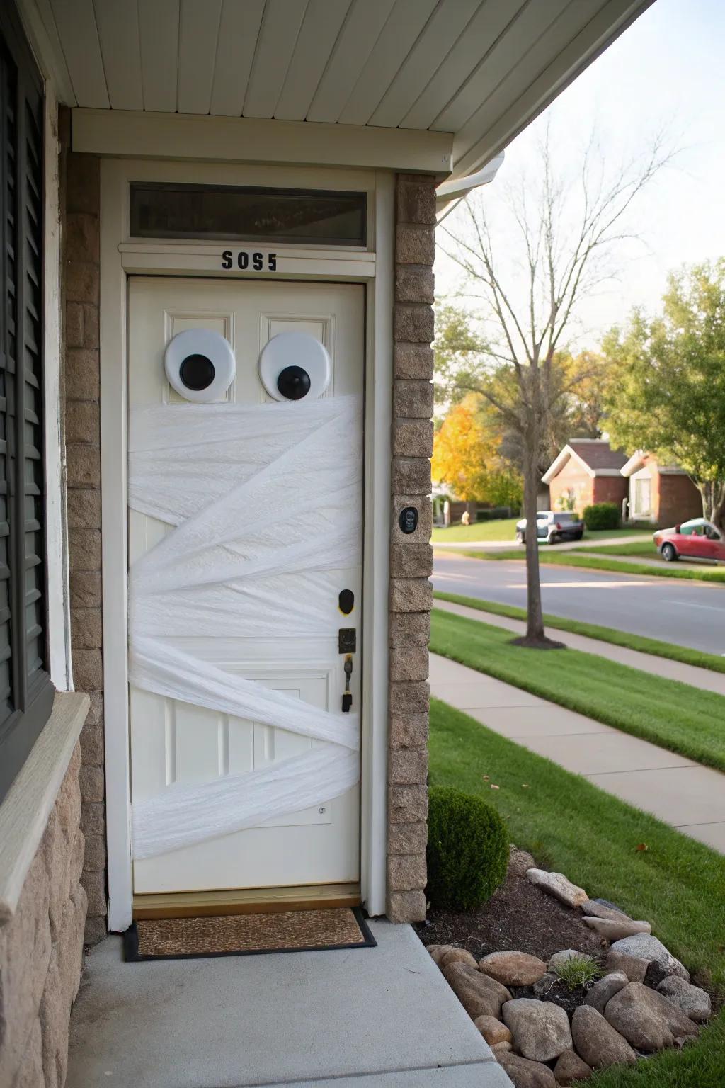 A straightforward yet spine-chilling mummy-themed doorway decor.