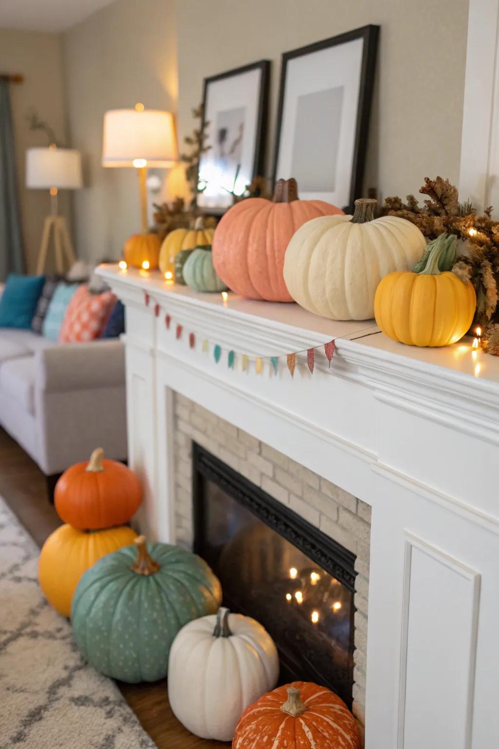 Gourd haven on the mantel, brimming with autumnal allure.