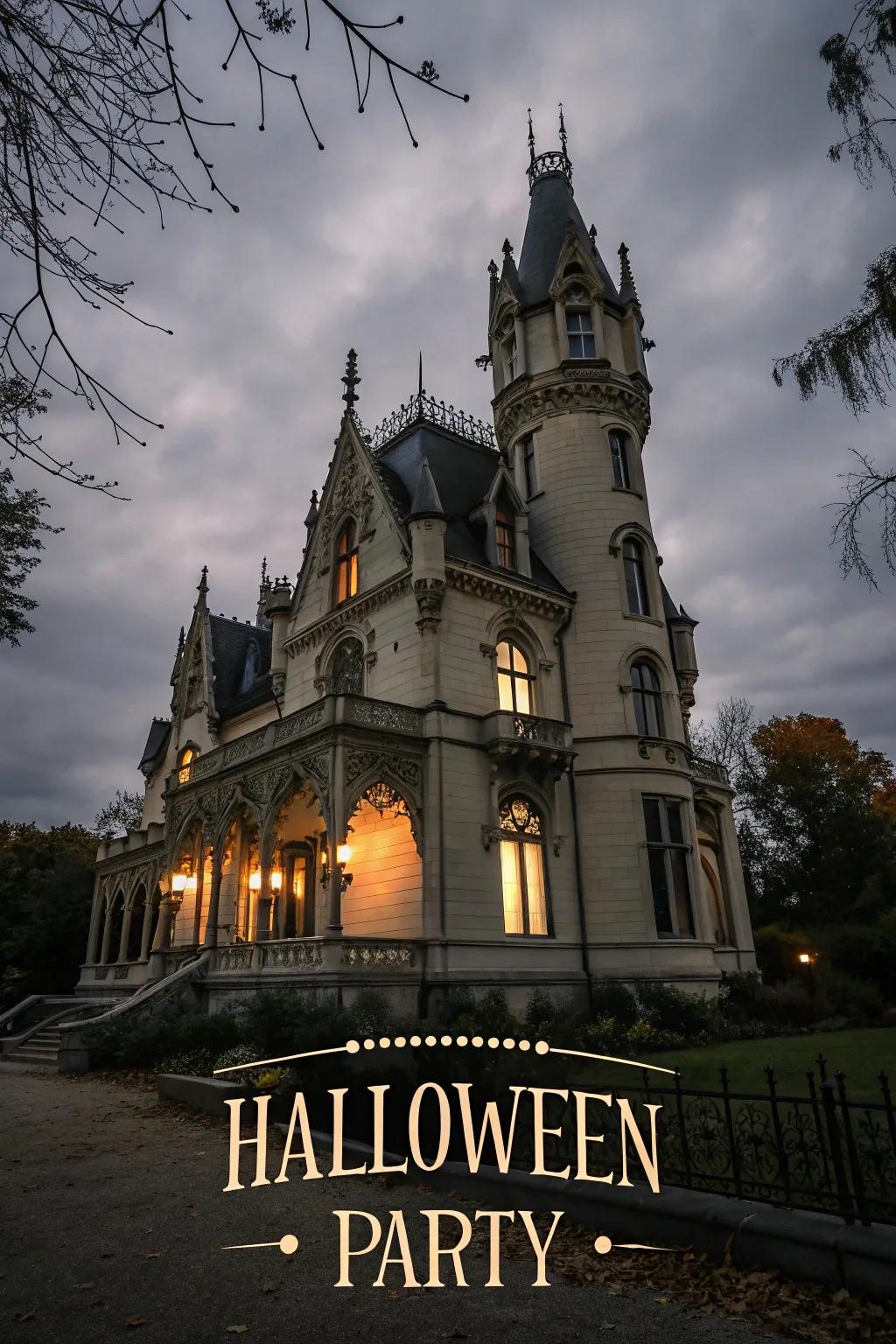 A Halloween announcement featuring a gothic mansion theme, perfect for an elegant yet chilling event.