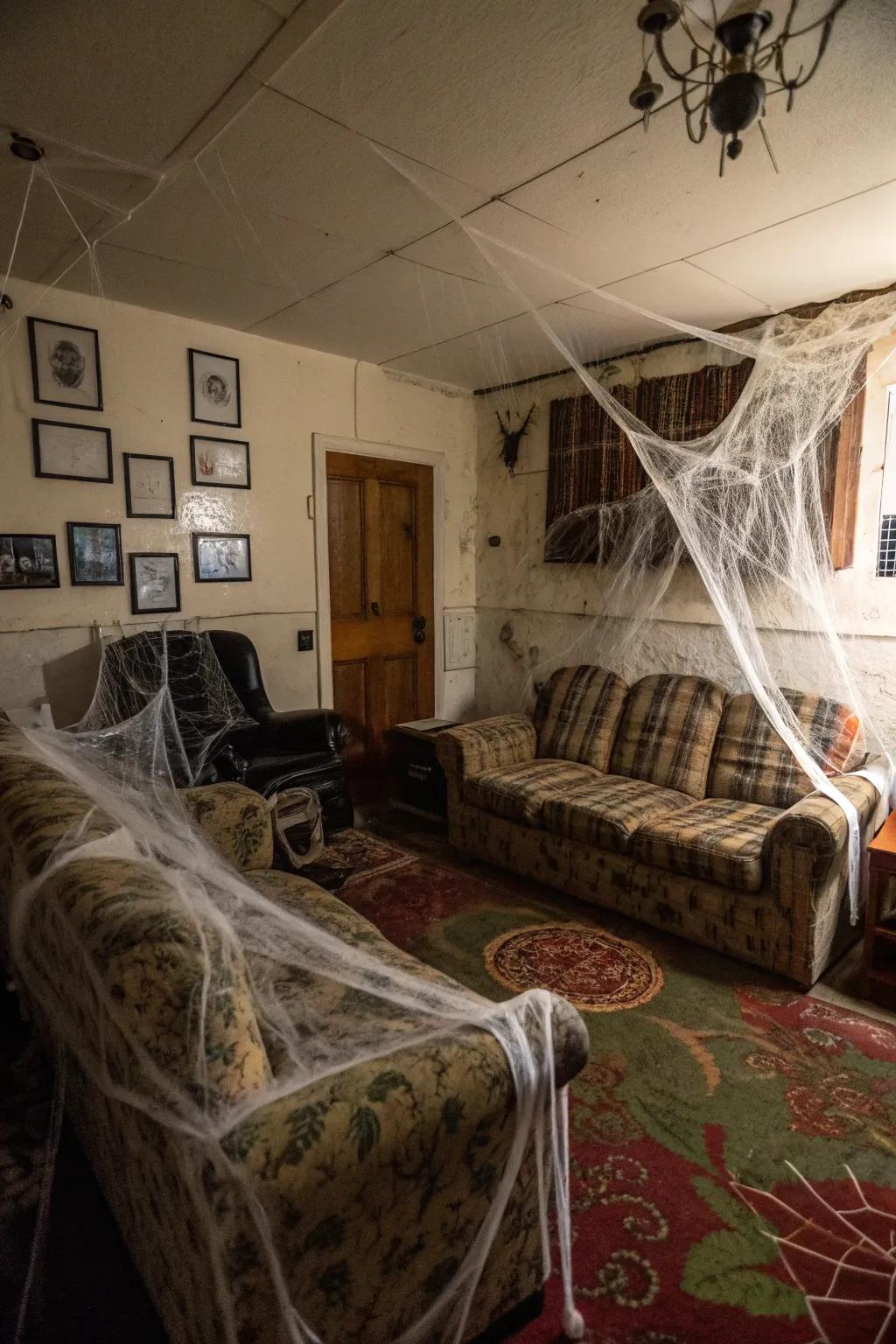 Spider webs draped across a living room for a classic haunted house vibe
