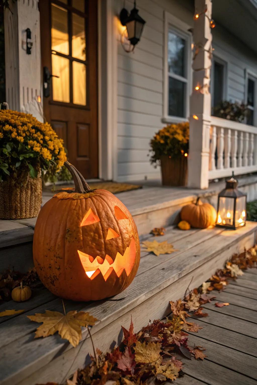 Experience the blend of classic artistry with a touch of modern flair in this uniquely expressive jack-o'-lantern.