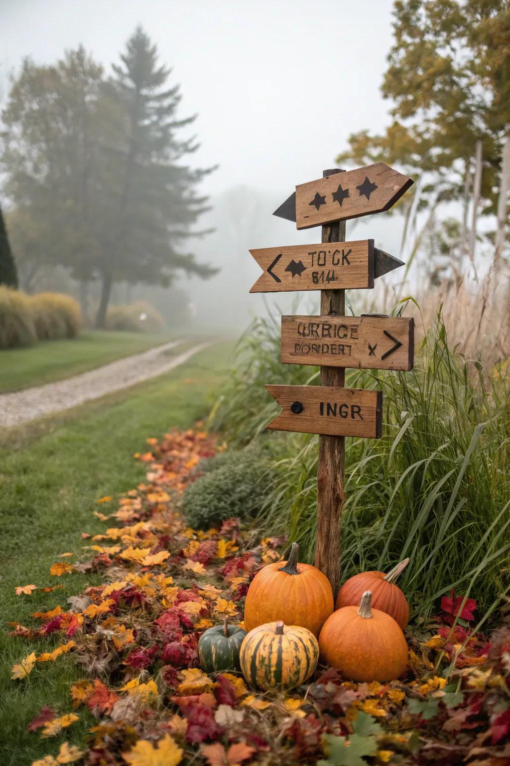 A charming, handcrafted multi-directional Halloween indicator gracing the yard.