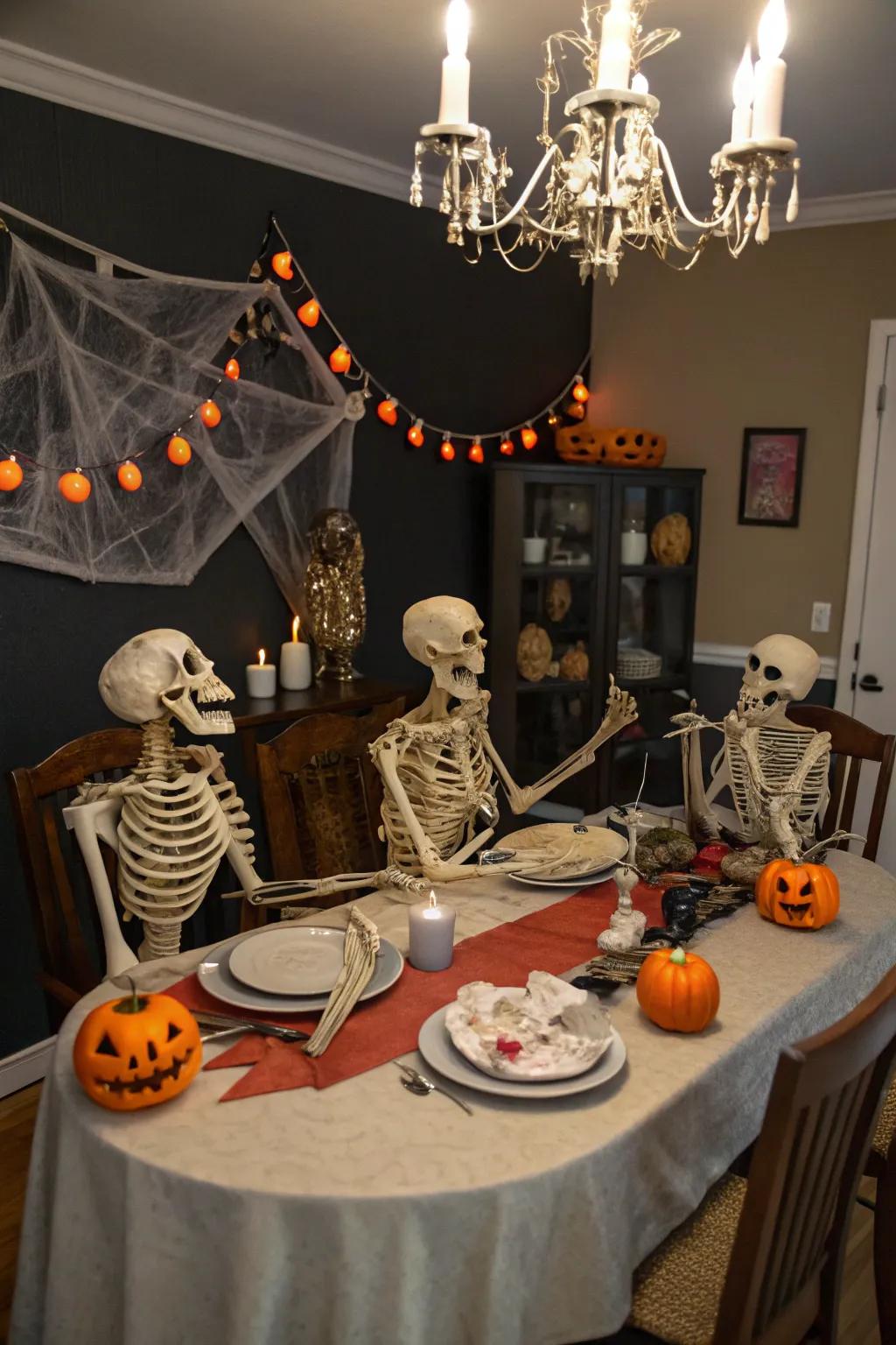 A skeleton family gathering radiates warmth and humor throughout your Halloween decorations.
