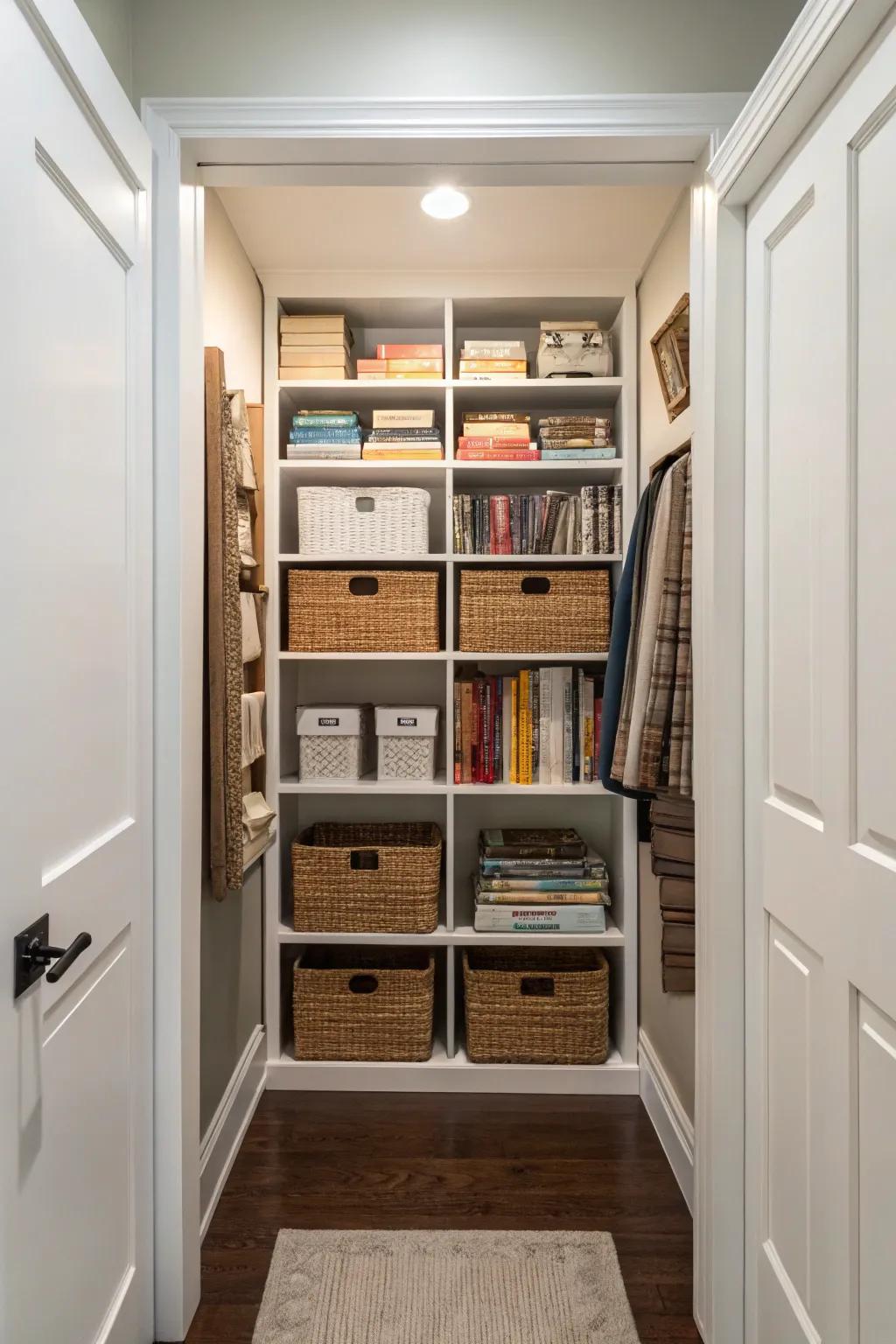 A meticulously arranged hallway closet showcasing adjustable shelving to optimize vertical capacity.
