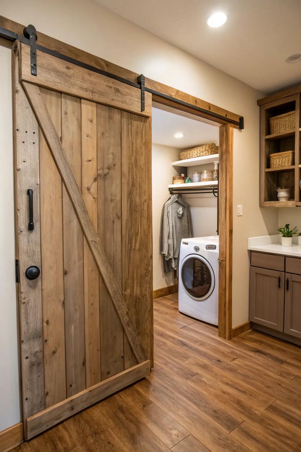 A country-style sliding door lends individuality and practicality to a corridor laundry area.