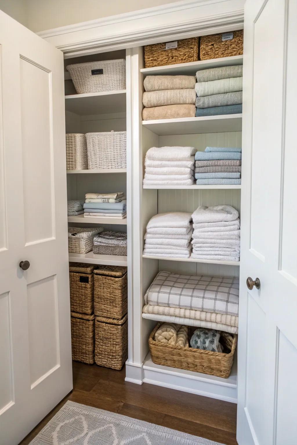 Adjustable shelves provide custom space for everything from towels to blankets.