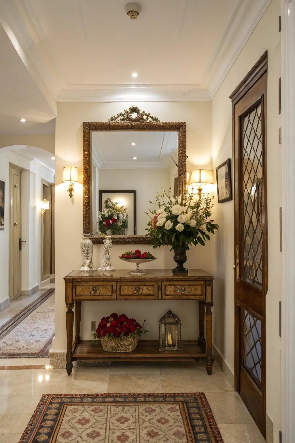 A traditional console table and mirror unite in timeless grace.