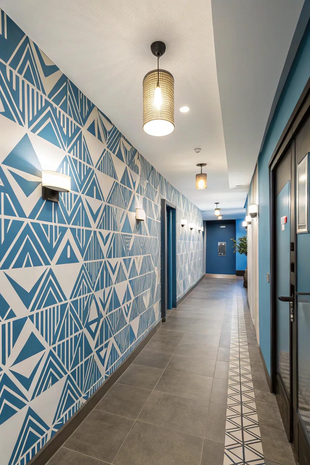 A stylish corridor showcasing striking geometric wallpaper.