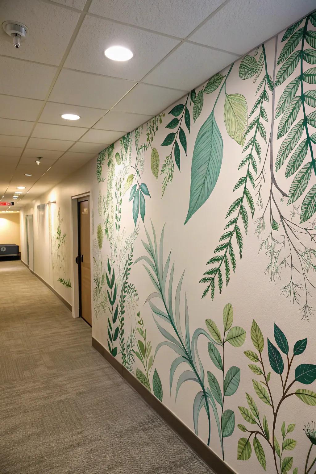 A botanical mural introduces a natural element to a corridor.