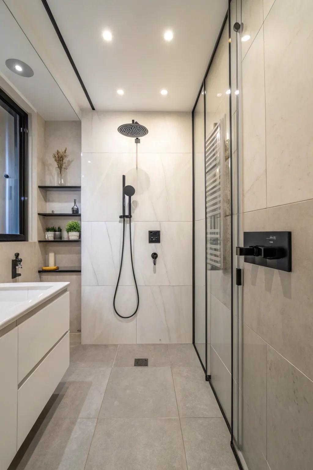 Flexible shower head set opposite the controls for simple use.