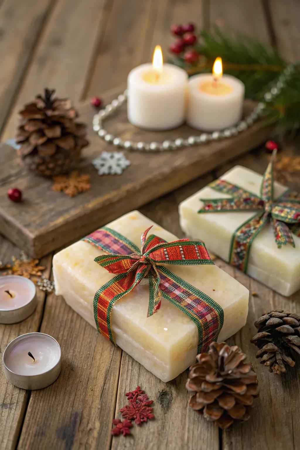 Hand soap elegantly wrapped with seasonal ribbons
