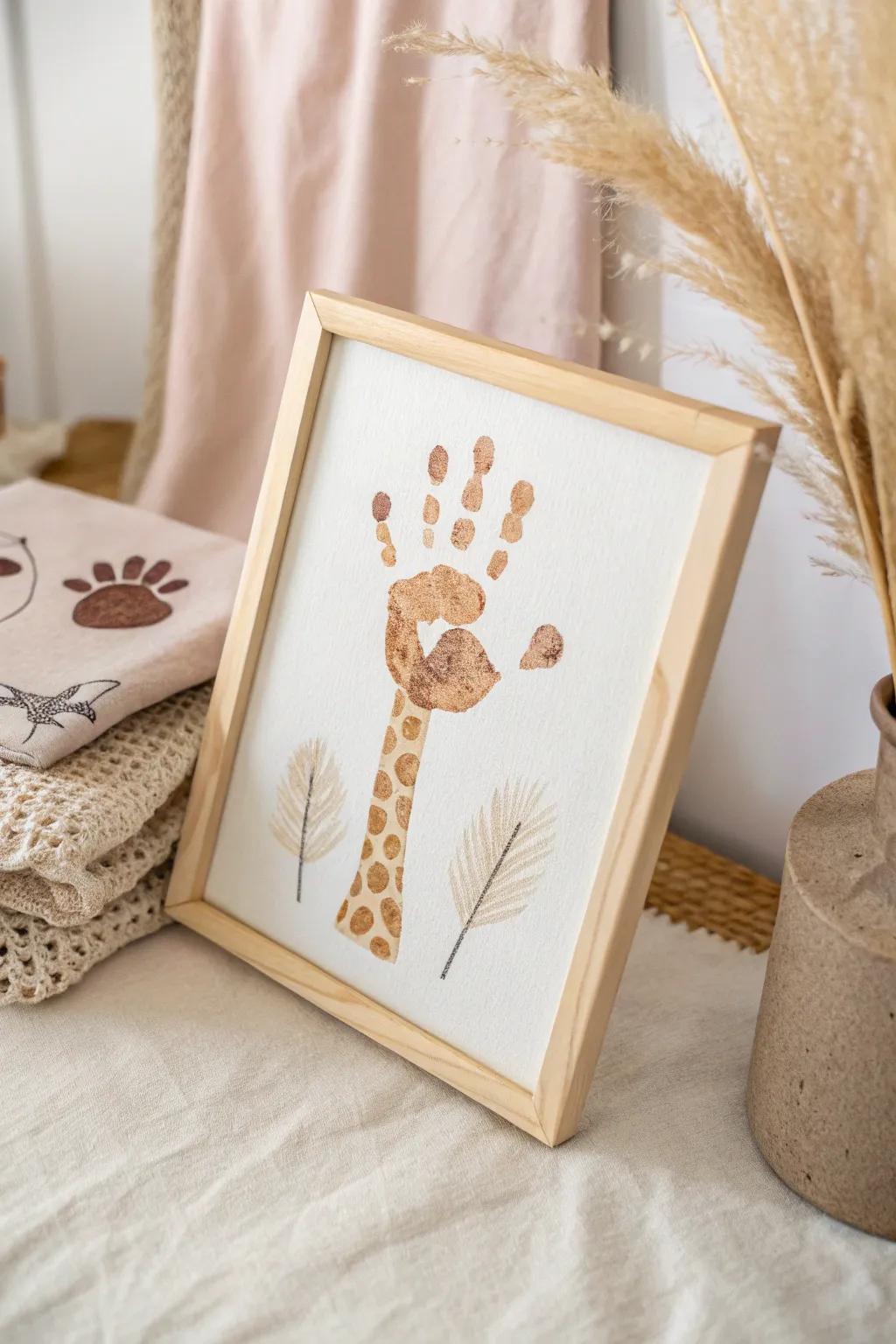 Transform small handprints into an endearing giraffe, injecting a dash of creativity into your child's room.