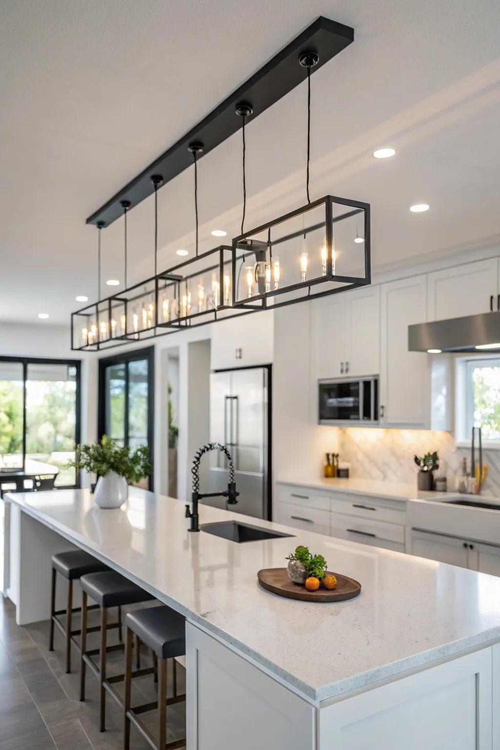 Linear pendant lights impart a sleek aesthetic to kitchen islands.
