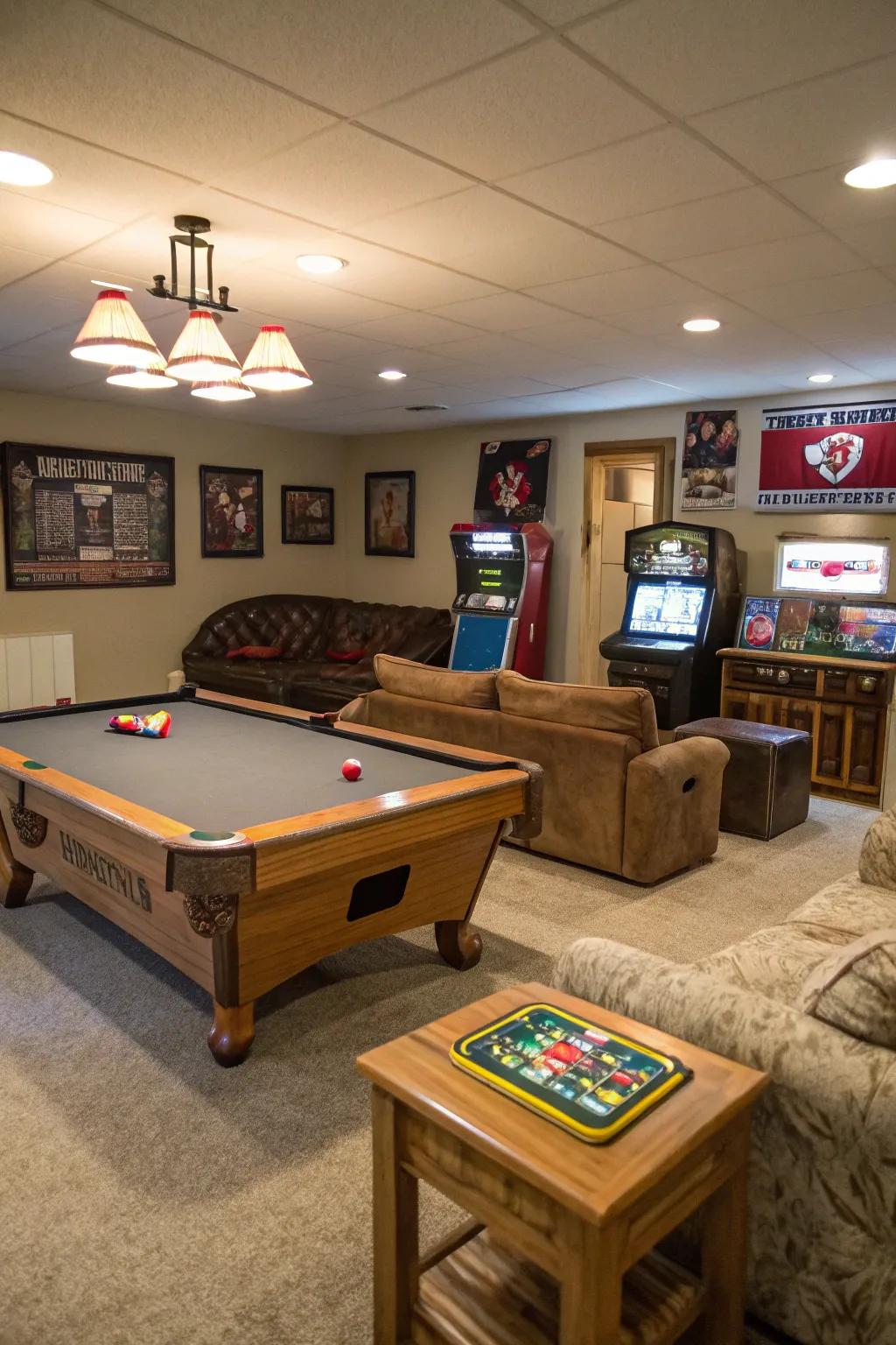 Create a game room extravaganza in your basement with classic games and cozy seating.