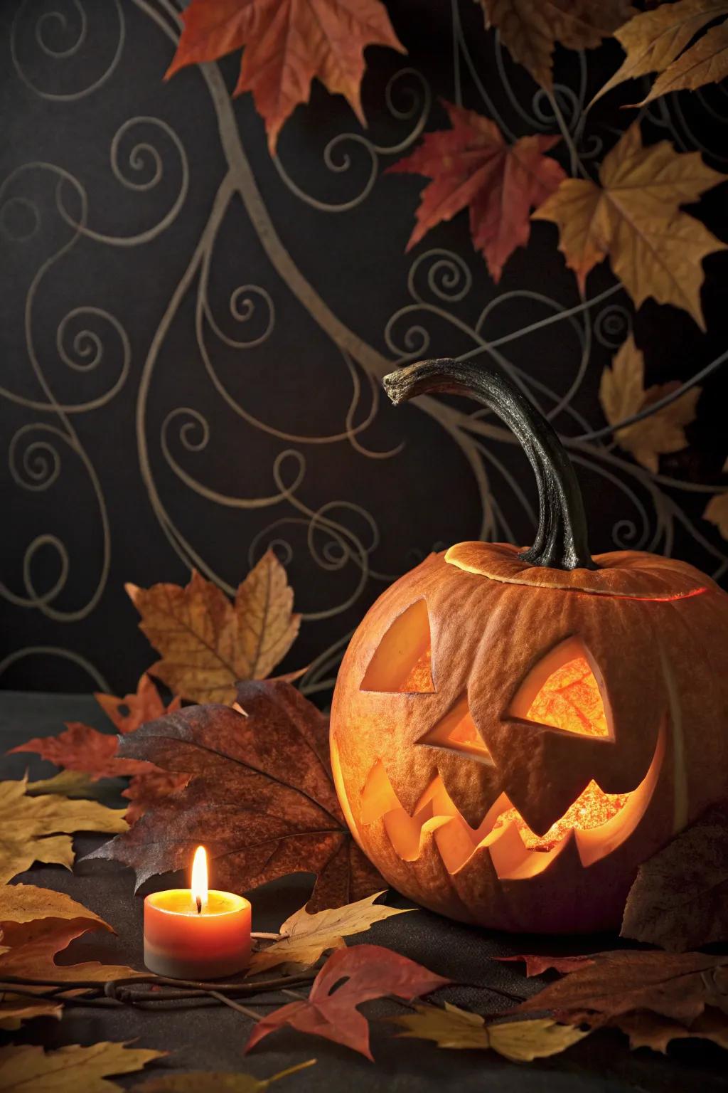 A classic Halloween poster highlighted by a carved pumpkin.