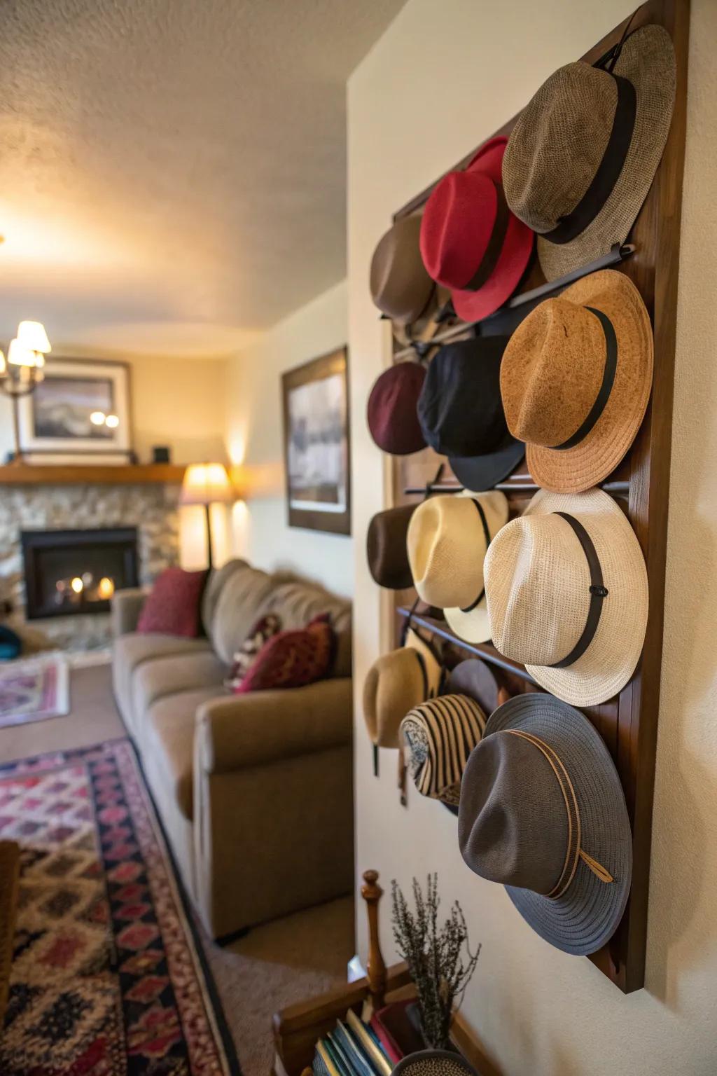 Hats elegantly arranged on a rack.