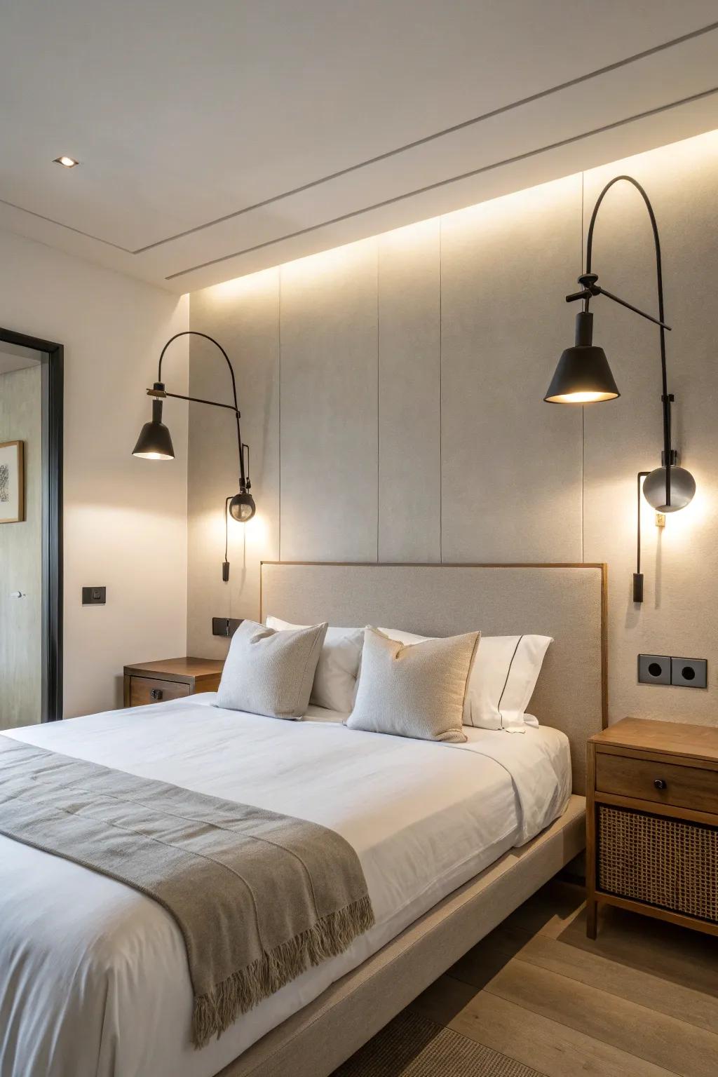 Wall-attached reading lamps offer a streamlined and space-efficient option.