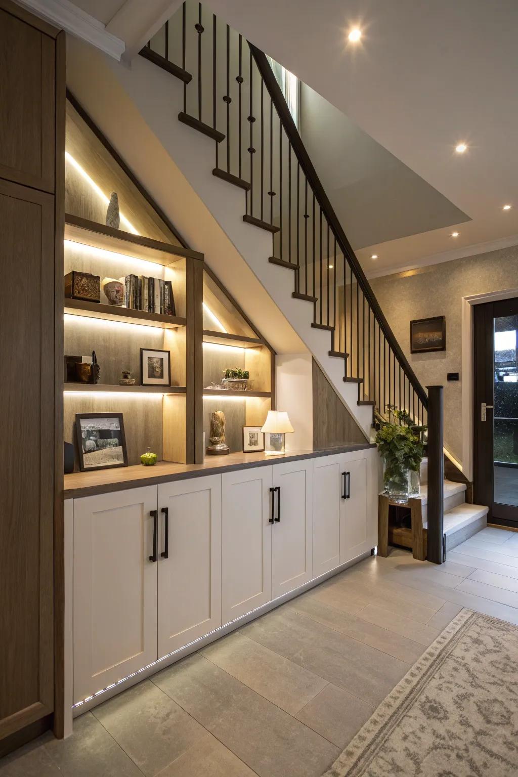 Bespoke cabinets nestled under a staircase, fashioning a stylish concealed bar.