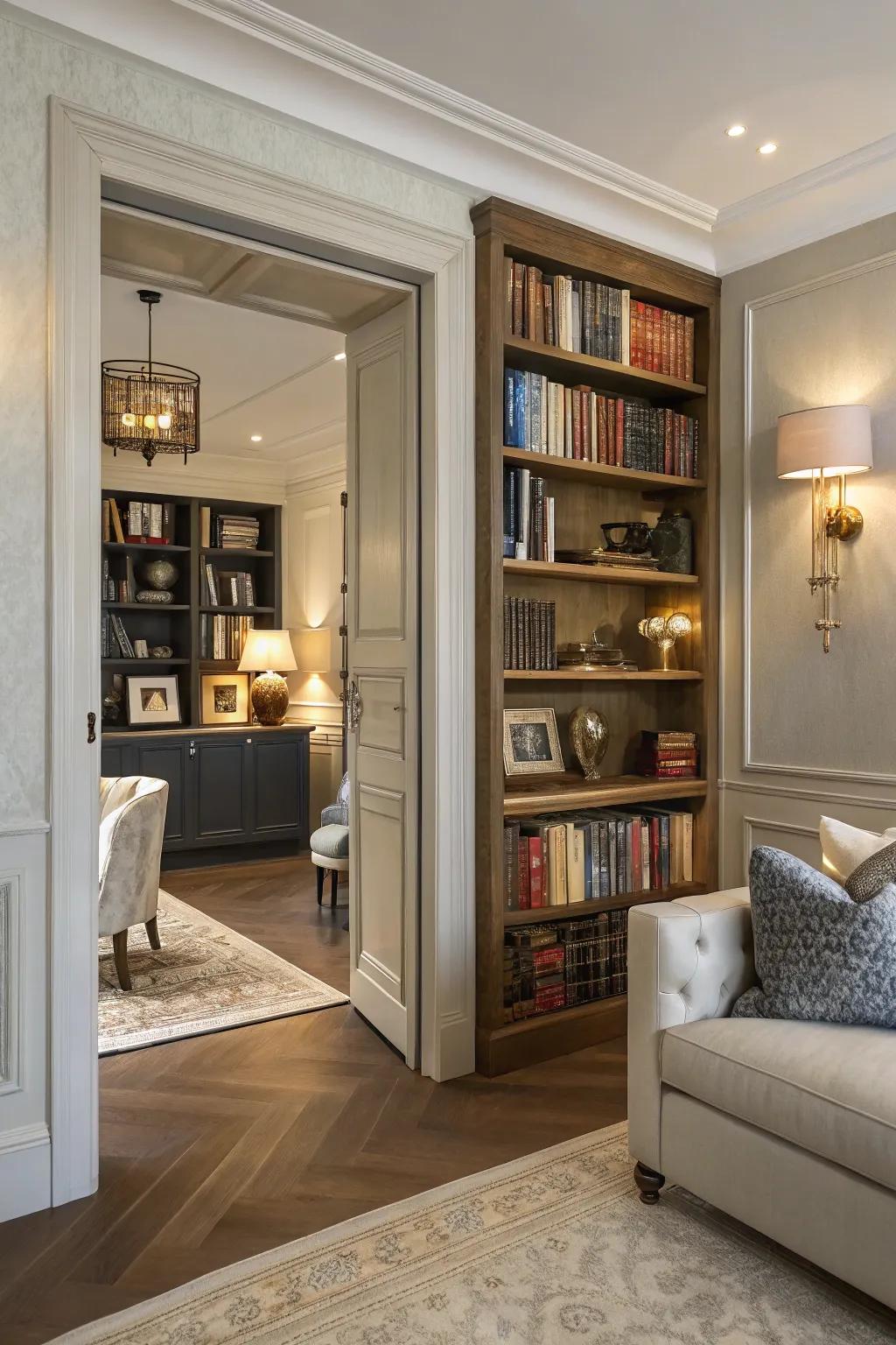 A sophisticated living area where a concealed door is cleverly disguised as a bookshelf.