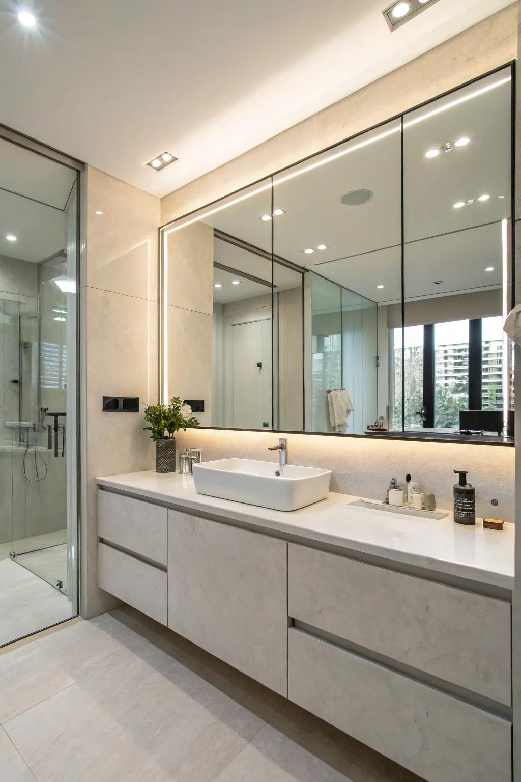 A grand mirrored cabinet merging gracefully into a modern bathroom.