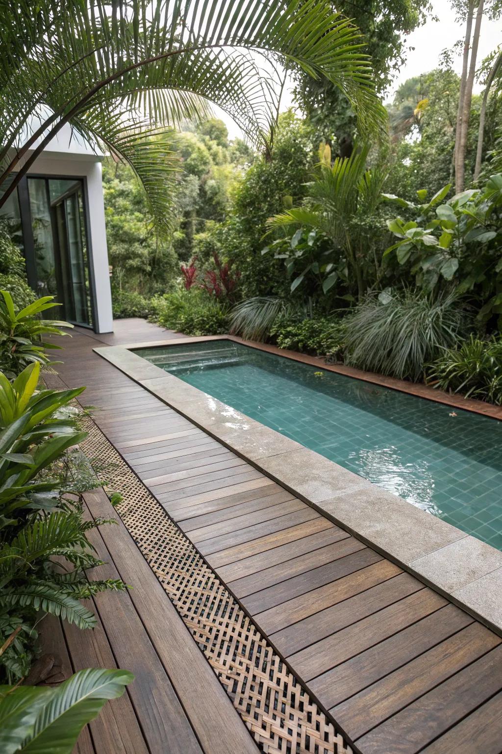 The drain covers blend perfectly with the deck's wooden surface.