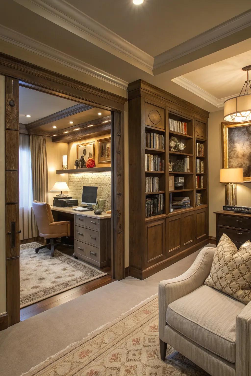 A bookcase that swings open to show a hidden space is a timeless and enchanting feature.