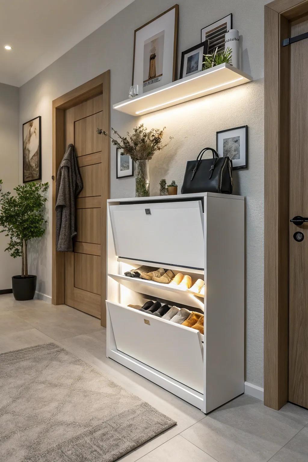 Shoe cabinets with flap doors offer a sleek and tidy storage solution.