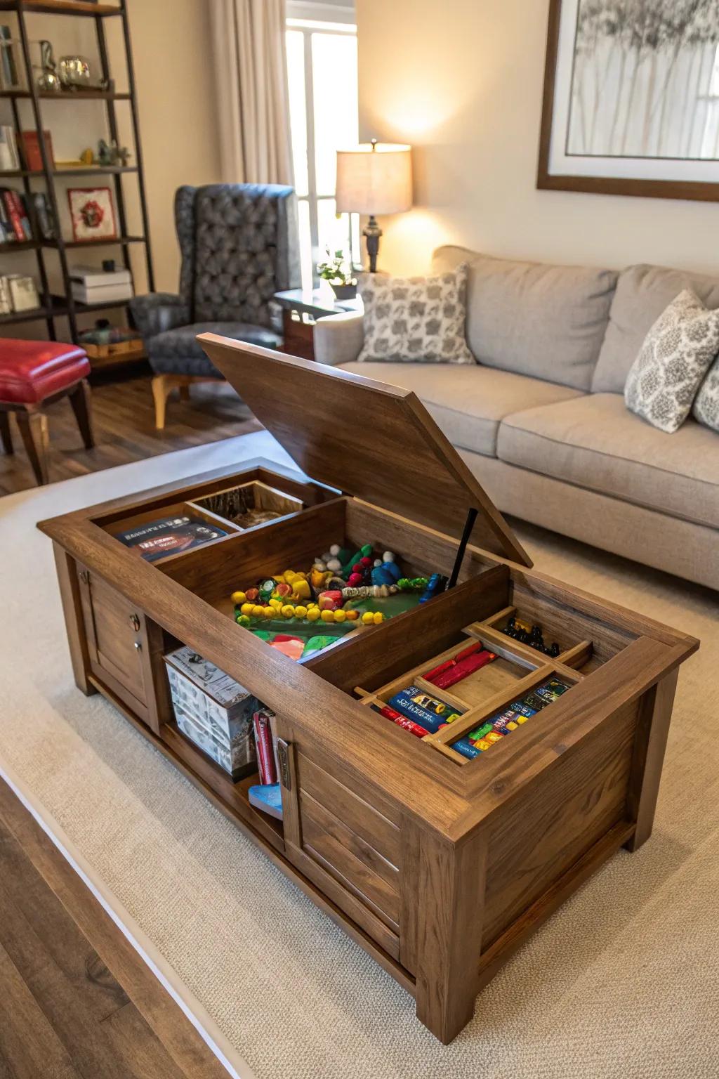 A coffee table with hidden storage for toys.