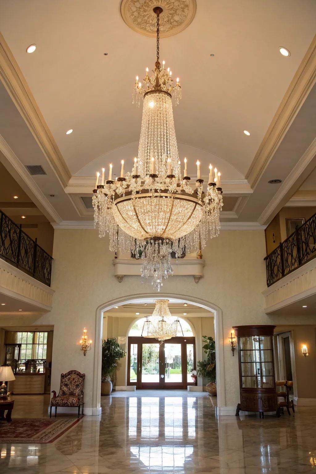 A cascading chandelier adds elegance and drama to the entryway.