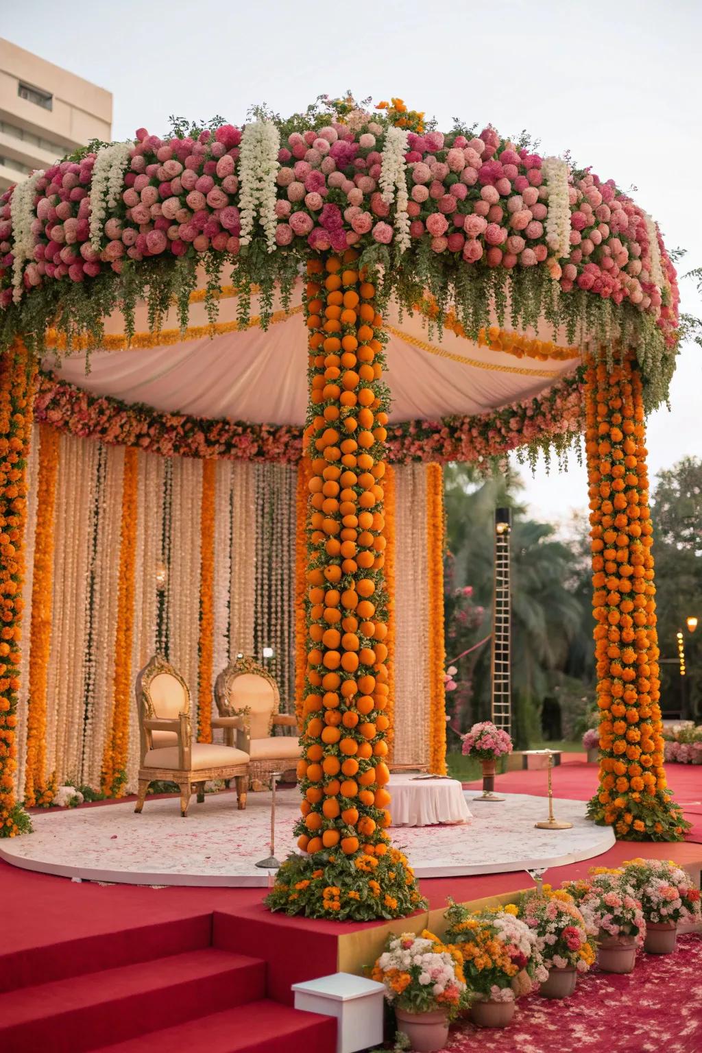 A mandap adorned with an abundant paradise of roses and marigolds.