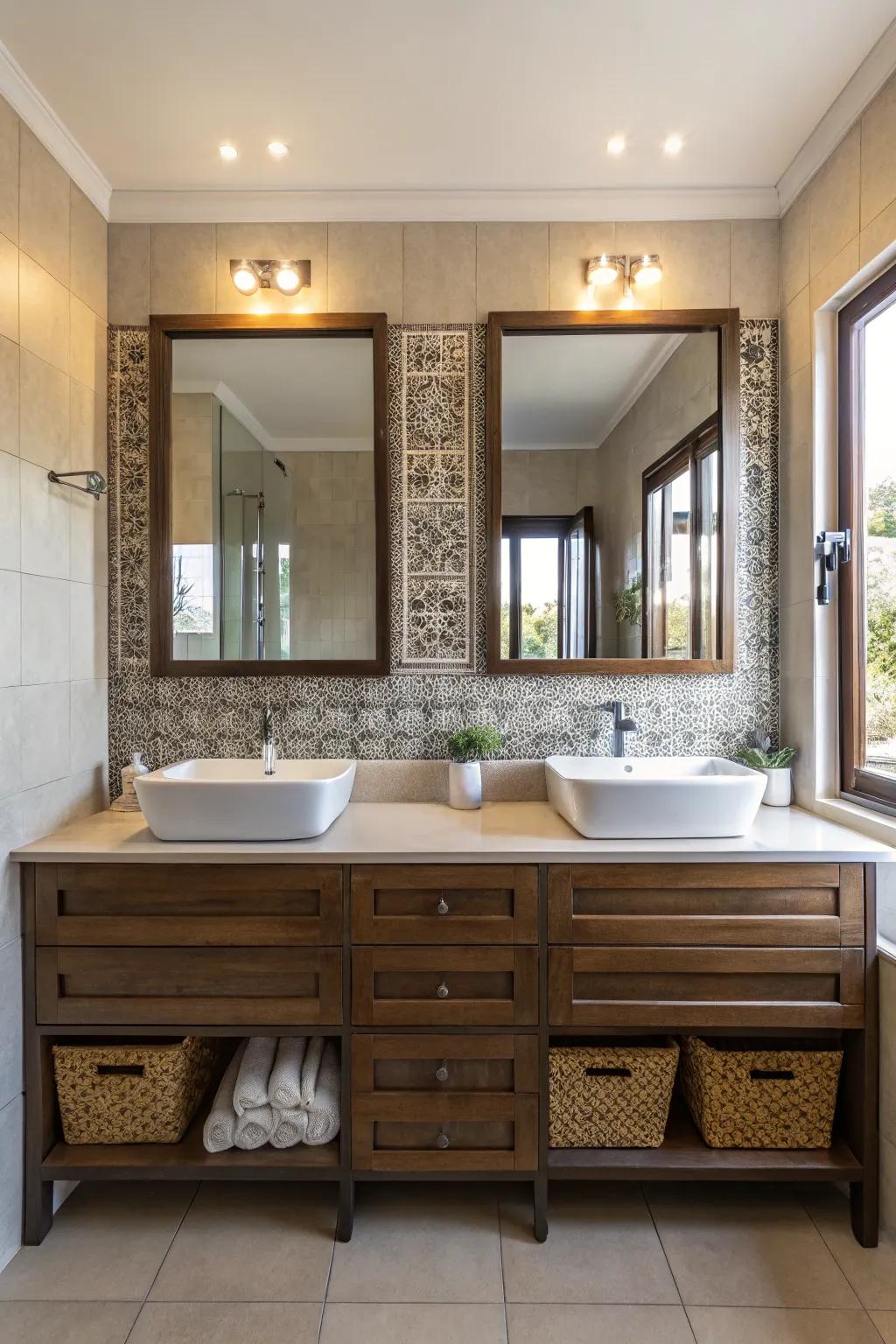 A peaceful bathroom design featuring flawlessly symmetrical elements.