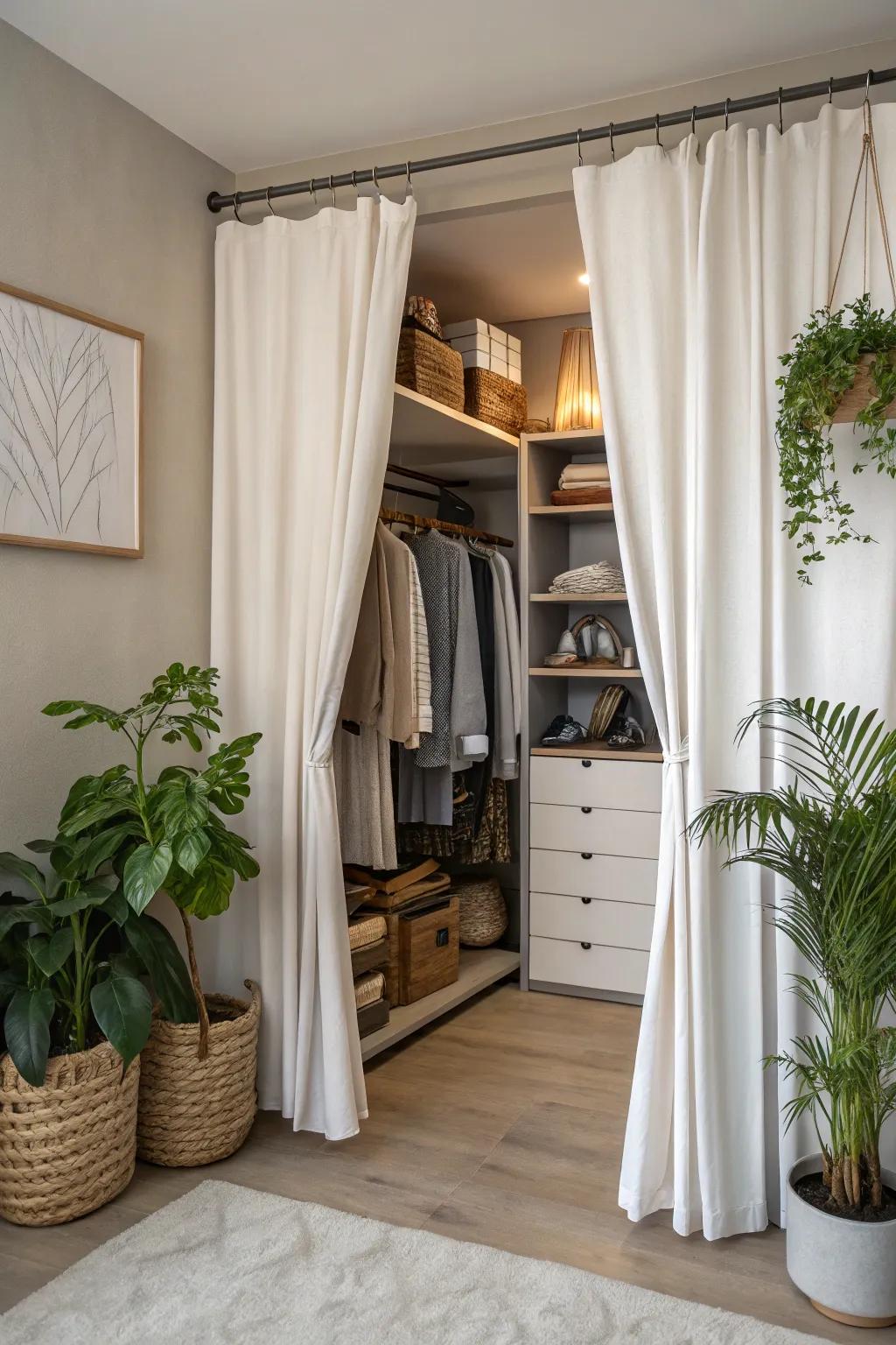 A soft curtain provides a stylish division in a shared closet.