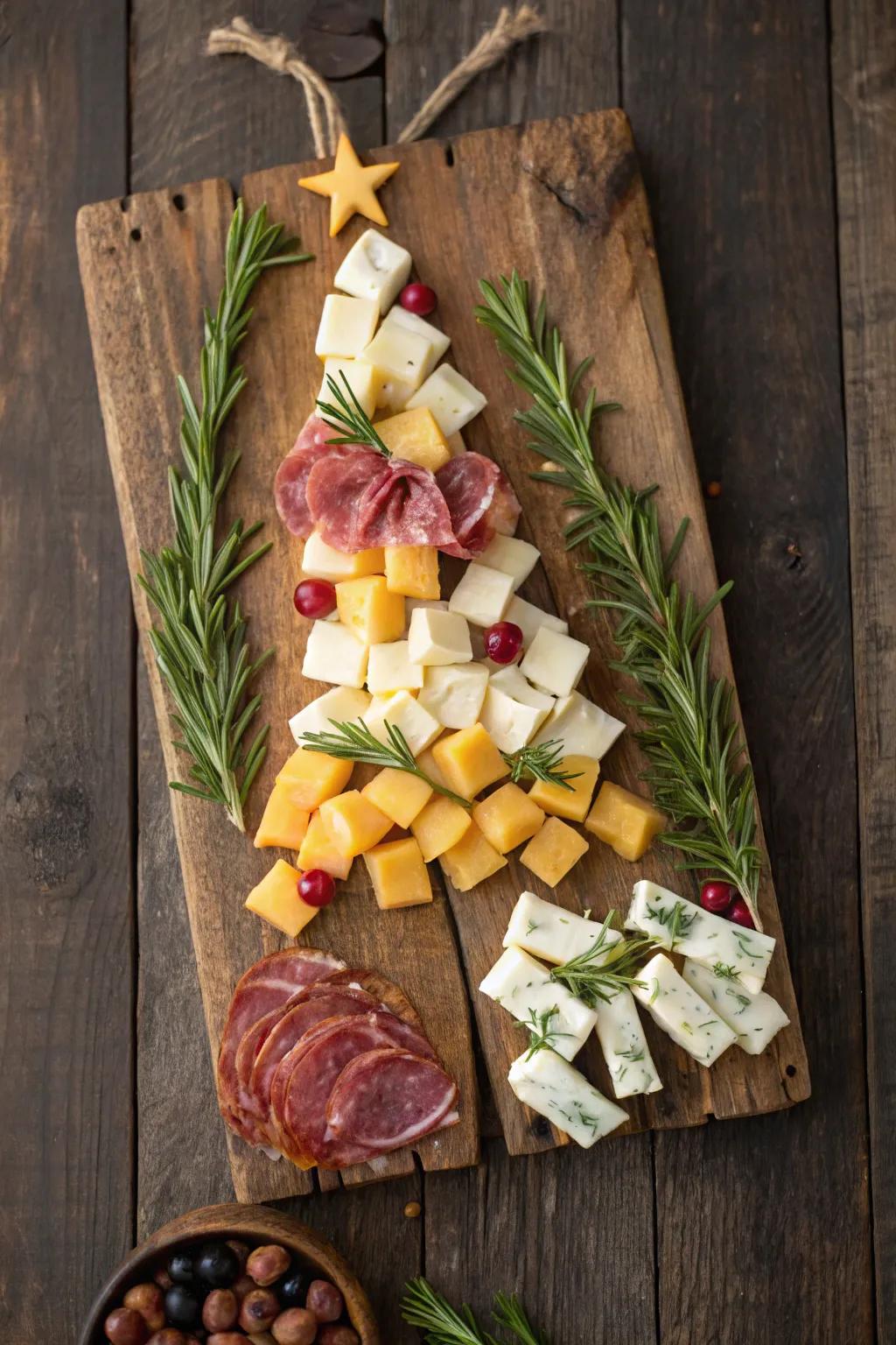 Charcuterie board styled as a Christmas tree.