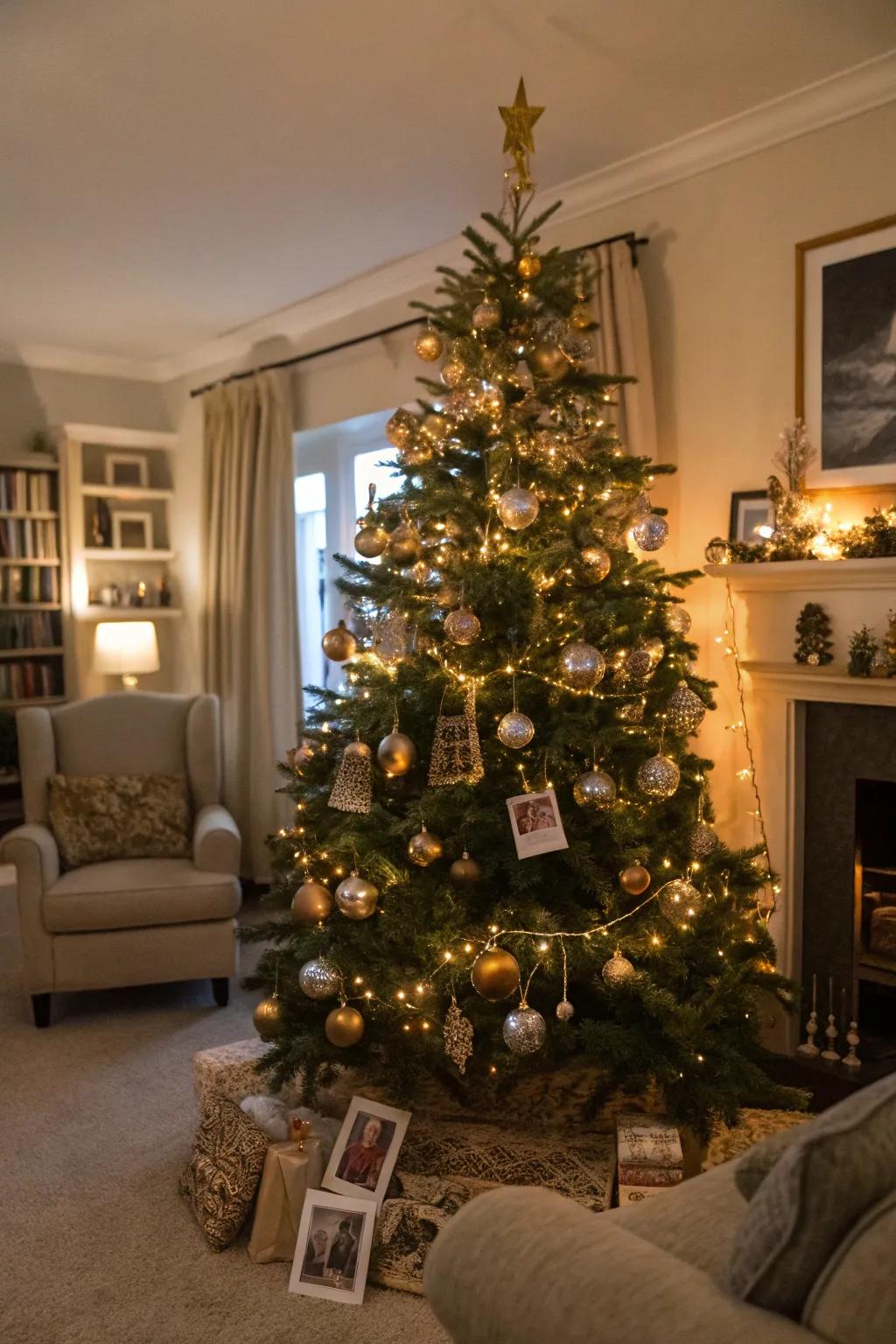 A festive tree embellished with a harmonious blend of metallic ornaments and personal mementos.