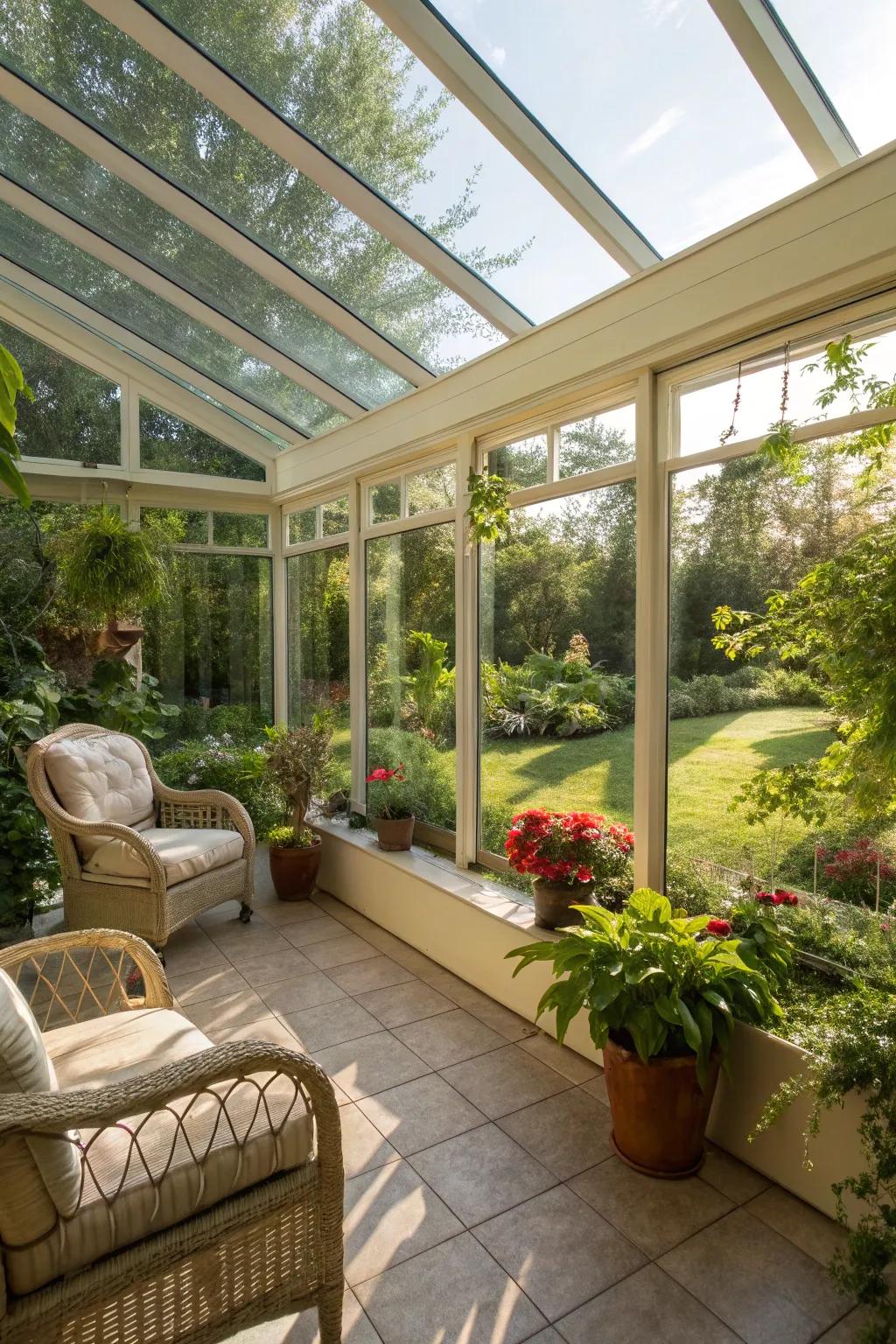 A sunroom basking in sunlight and adorned with greenery.