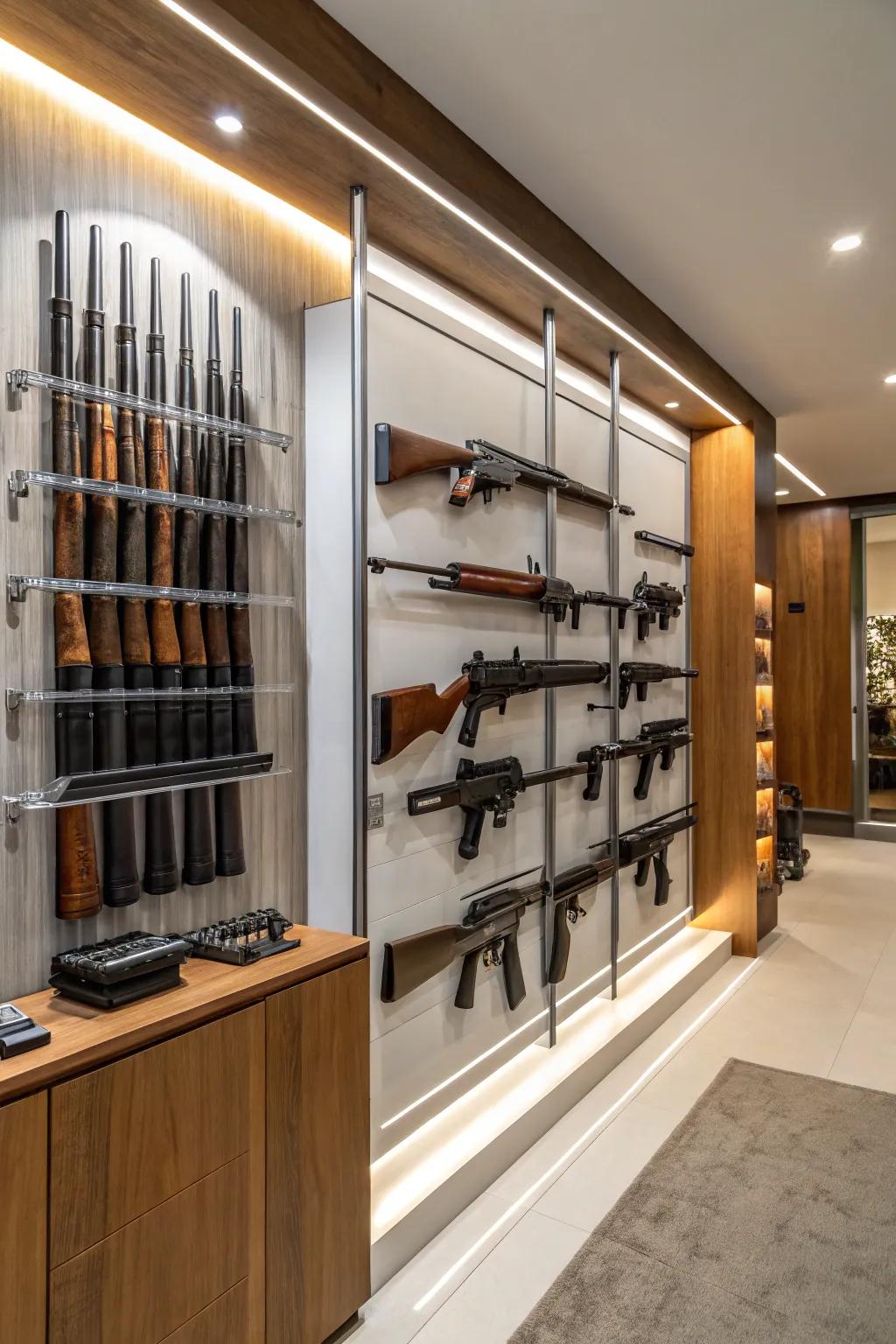 Transmute your firearm collection into an exhibition using wall-mounted racks.
