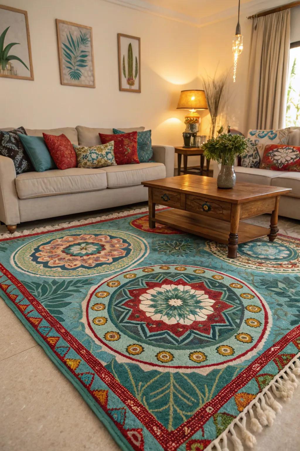 A striking rug acts as a visual anchor, infusing the area with energy and a warm sensation.