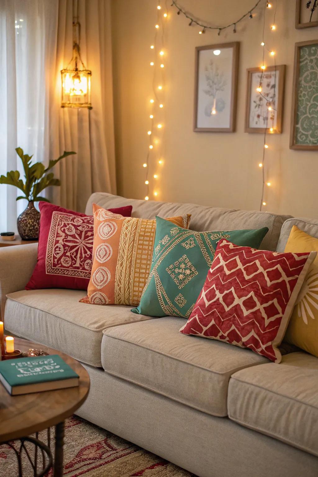 A comfy sofa featuring personalized throw pillows that add warmth and character.