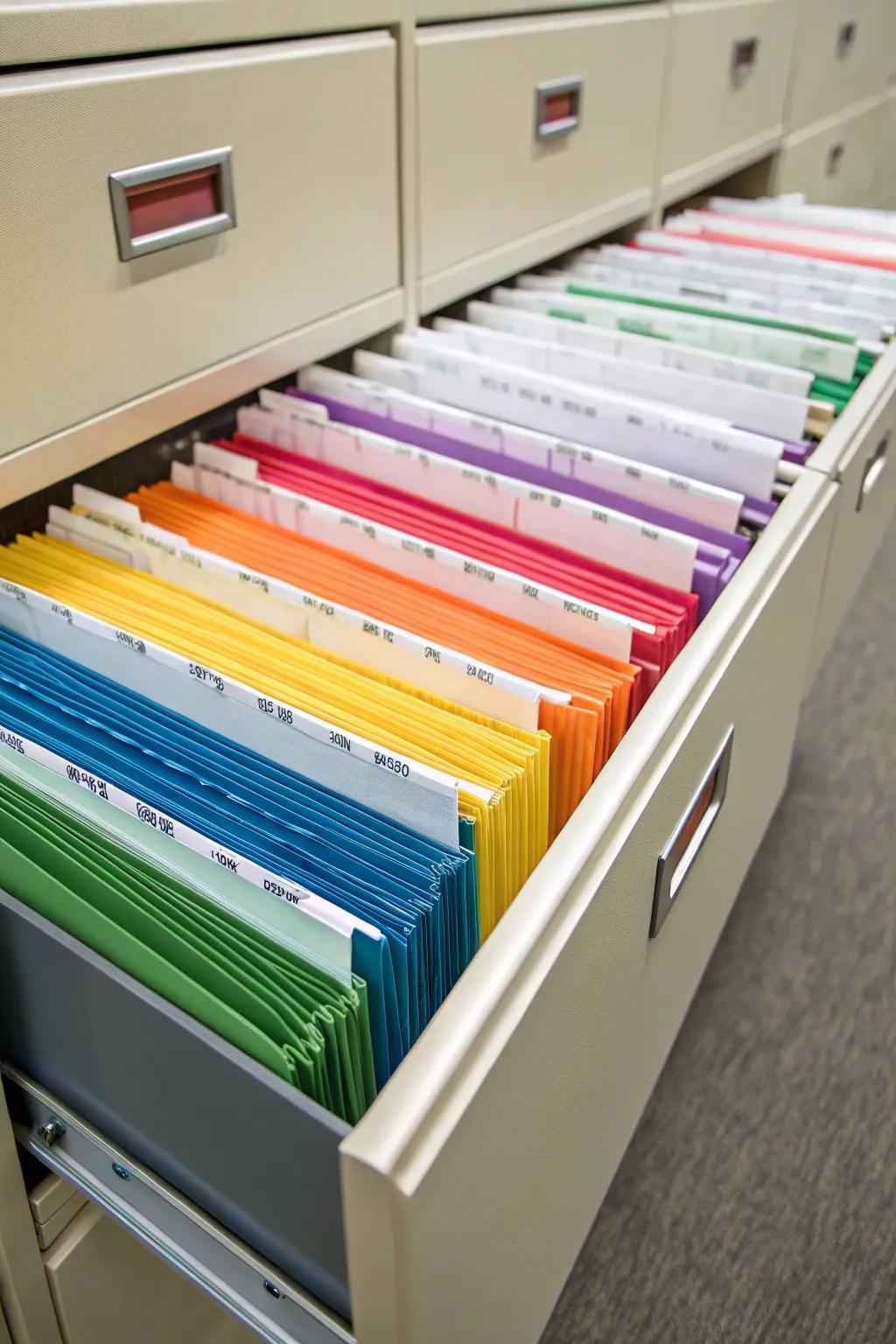 A lively filing cabinet employs color-coded folders for smooth and easy access.