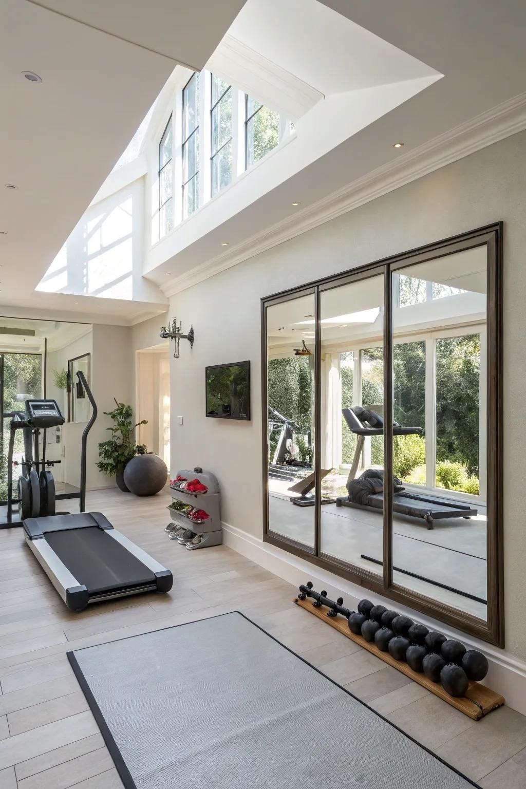 Full-length mirrors create a professional and open feel in this home gym.