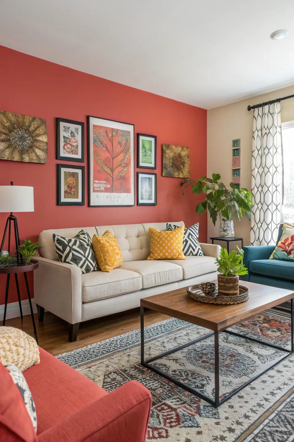 A striking accent wall can enrich your living room with added dimension and individuality.