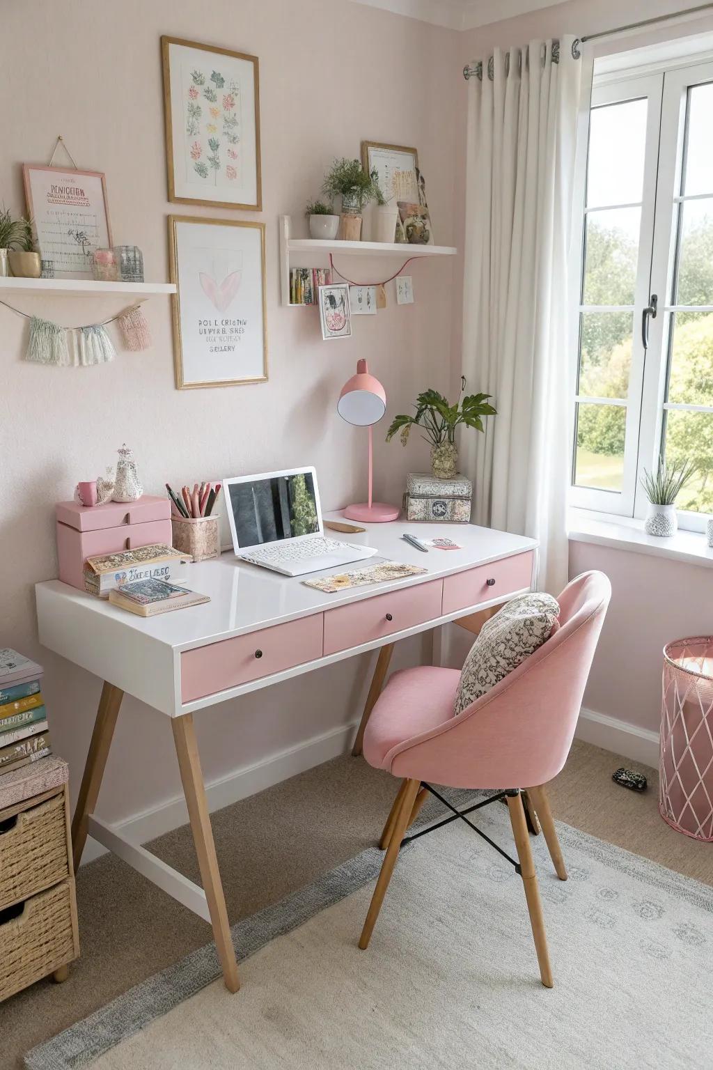 Muted colors transform a basic desk into a peaceful, inviting workspace.