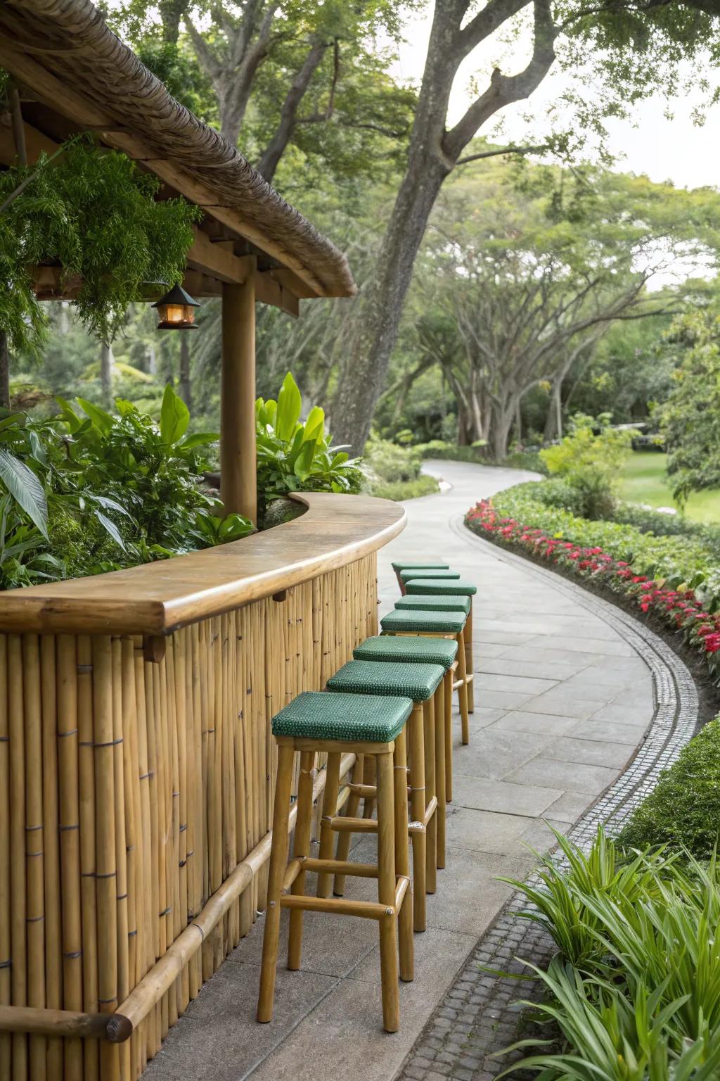 A bamboo bar base conjures an authentic island ambiance.