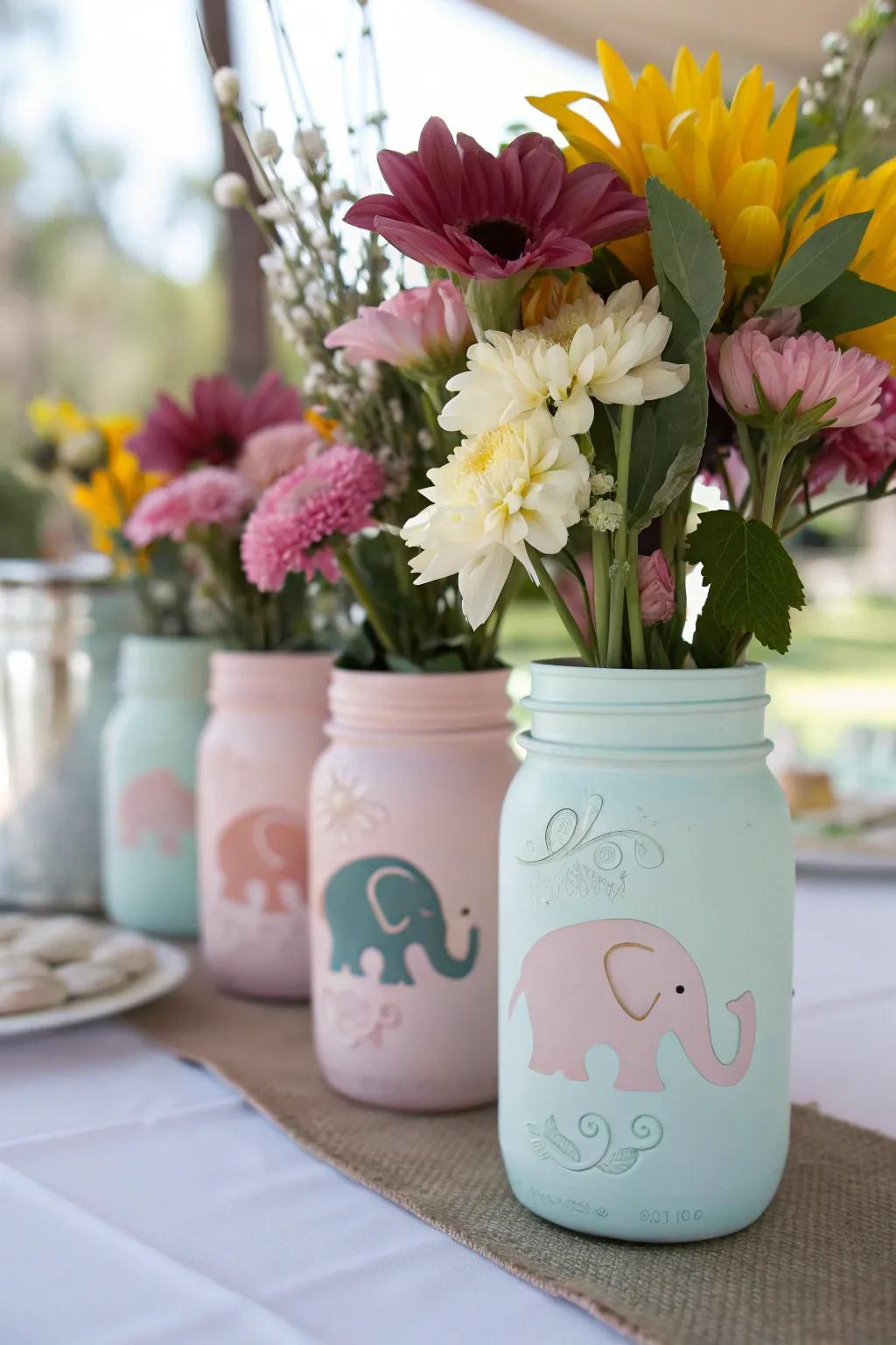 Vibrant glass container focal points showcasing elephant details.