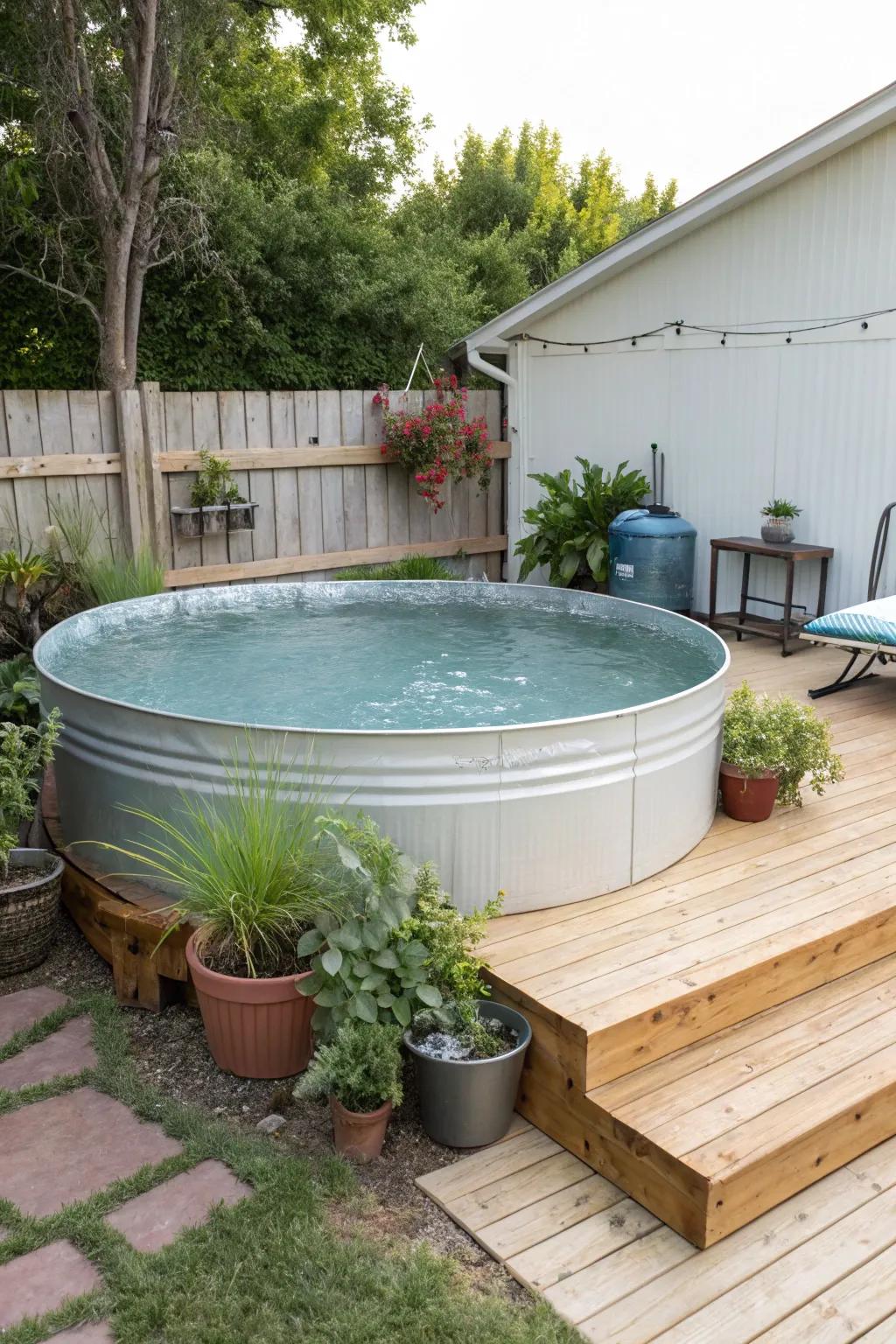 A classic stock tank pool setup with greenery and a cozy deck.